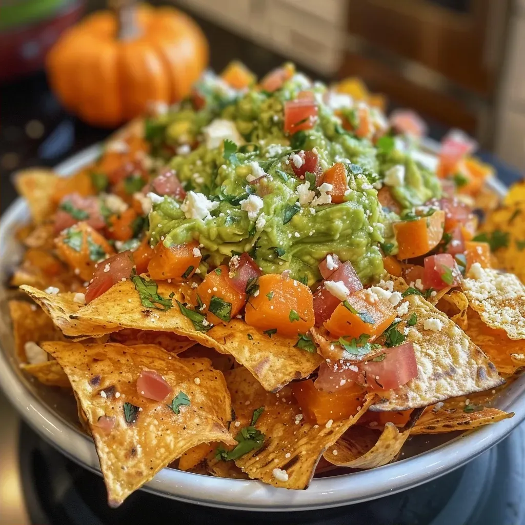 Side perspective of a pumpkin nacho platter featuring creamy cheese and vibrant guacamole.