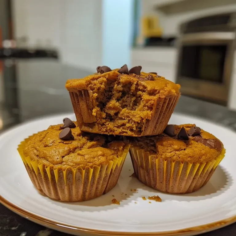 Embrace the Cozy Flavors: Pumpkin Protein Muffins for Every Gathering Close-up view of a moist pumpkin protein muffin with chocolate chips.