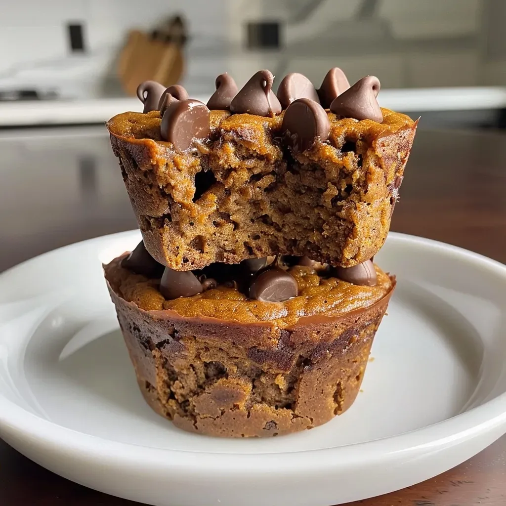 Side angle photo of delicious pumpkin protein muffins displayed on a rustic table.
