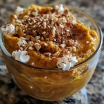 Close-up side view of a creamy pumpkin pudding topped with chia seeds.