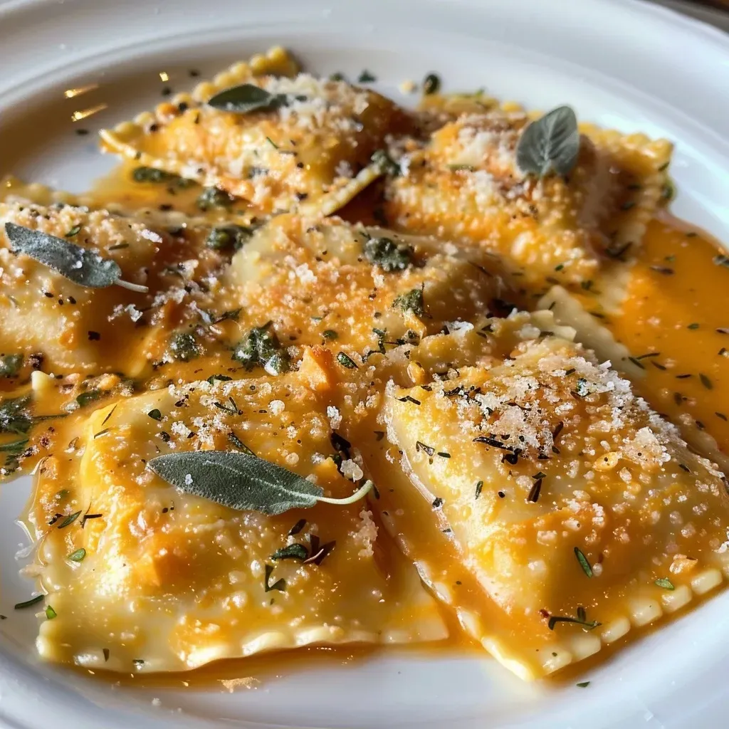 Side view of succulent pumpkin ravioli, showcasing the rich brown butter sauce and Parmesan garnish.