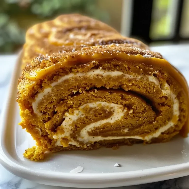 A Slice of Autumn: Creating Joy with Pumpkin Roll Cake Close-up view of a sliced Pumpkin Roll Cake with cream cheese filling and powdered sugar.