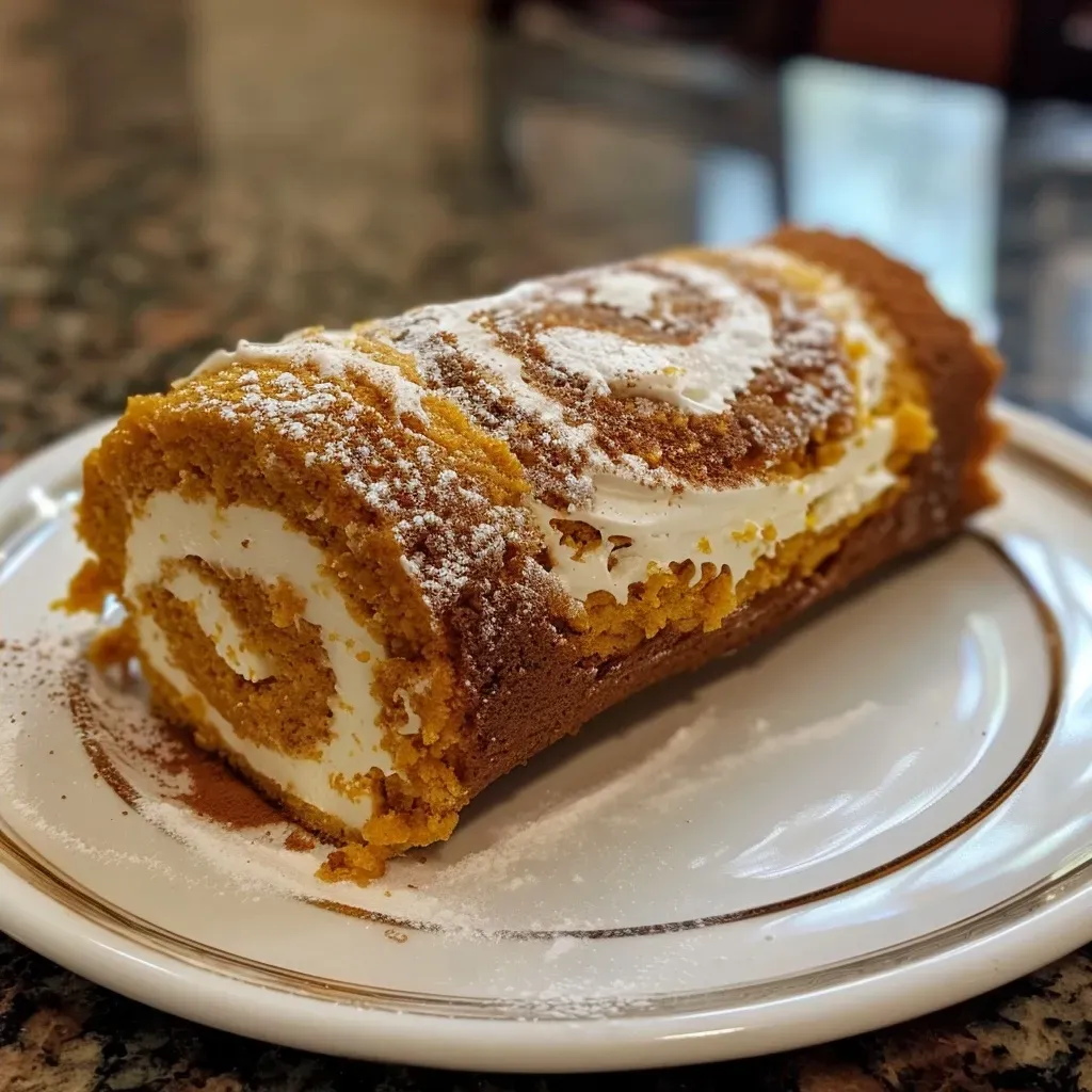 Side view of a moist Pumpkin Roll Cake showcasing its spiral filling and smooth exterior.
