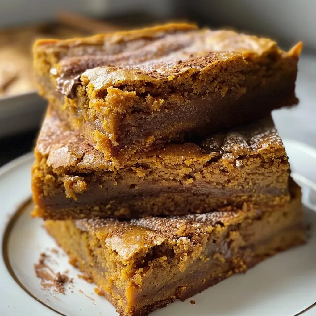 Close-up of golden brown pumpkin spice blondies with chocolate chips and toffee drizzle.