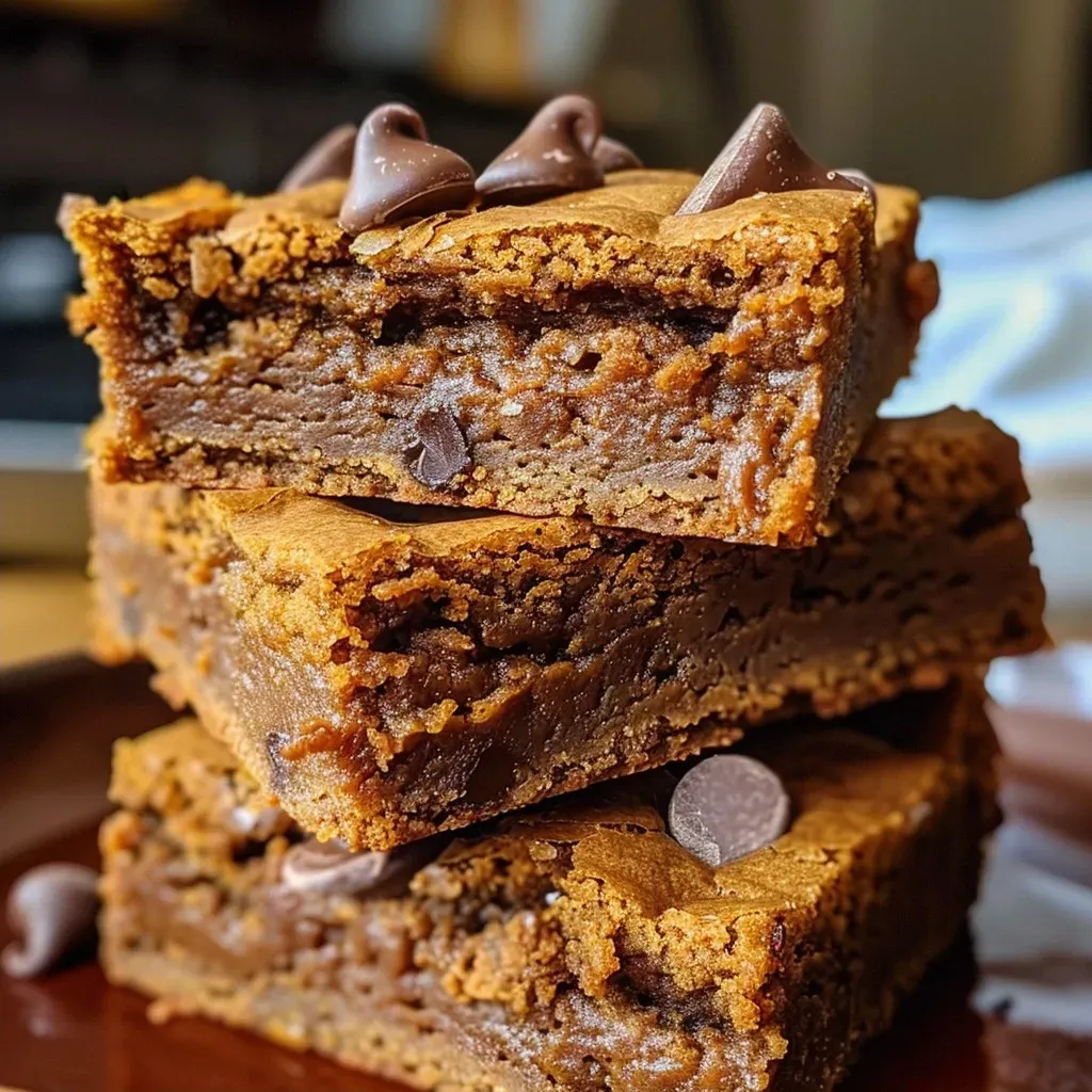 Side view of moist pumpkin spice blondies topped with melted chocolate and toffee sauce.