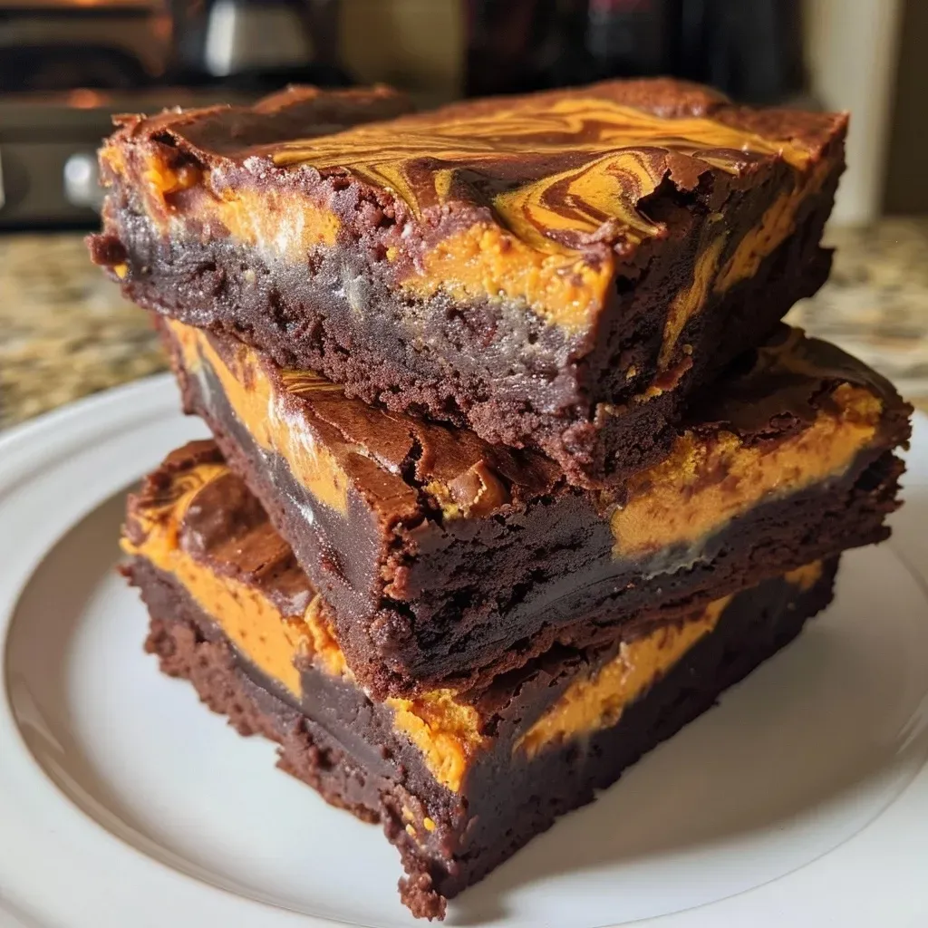 Side angle photo of moist pumpkin spice brownies featuring a marbled pattern of cream cheese and pumpkin spice.
