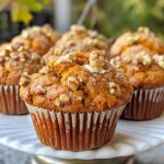 Side view of a pumpkin walnut ricotta muffin, showcasing its moist texture and nutty topping.