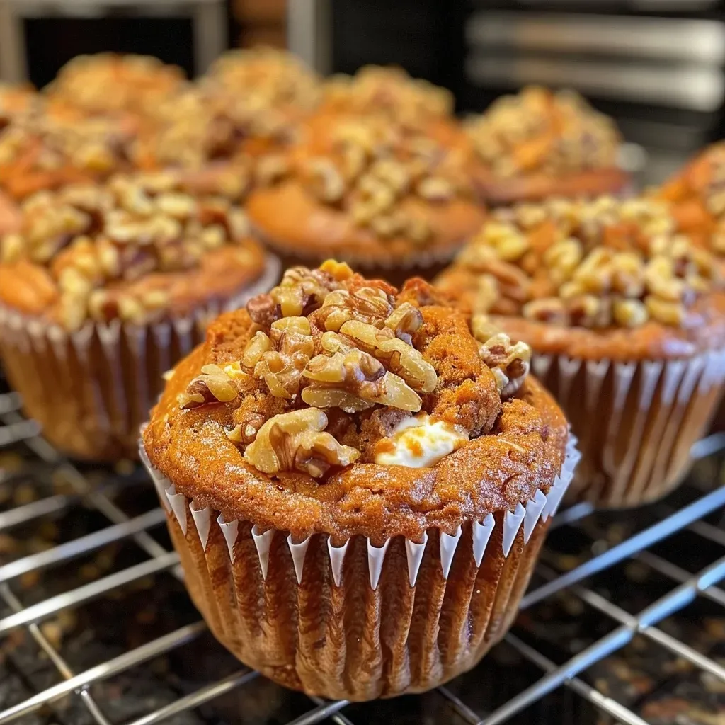 Close-up of a delicious pumpkin muffin with visible walnut pieces, emphasizing its rich color and texture.