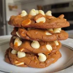 A side view of golden-brown pumpkin white chocolate chip cookies, showing their soft and chewy texture.