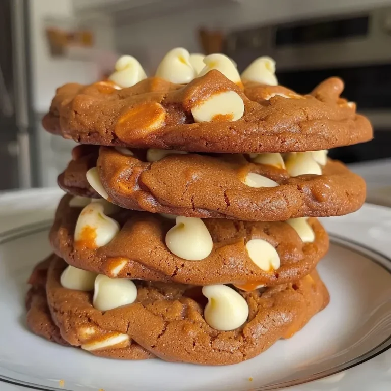 A side view of golden-brown pumpkin white chocolate chip cookies, showing their soft and chewy texture.