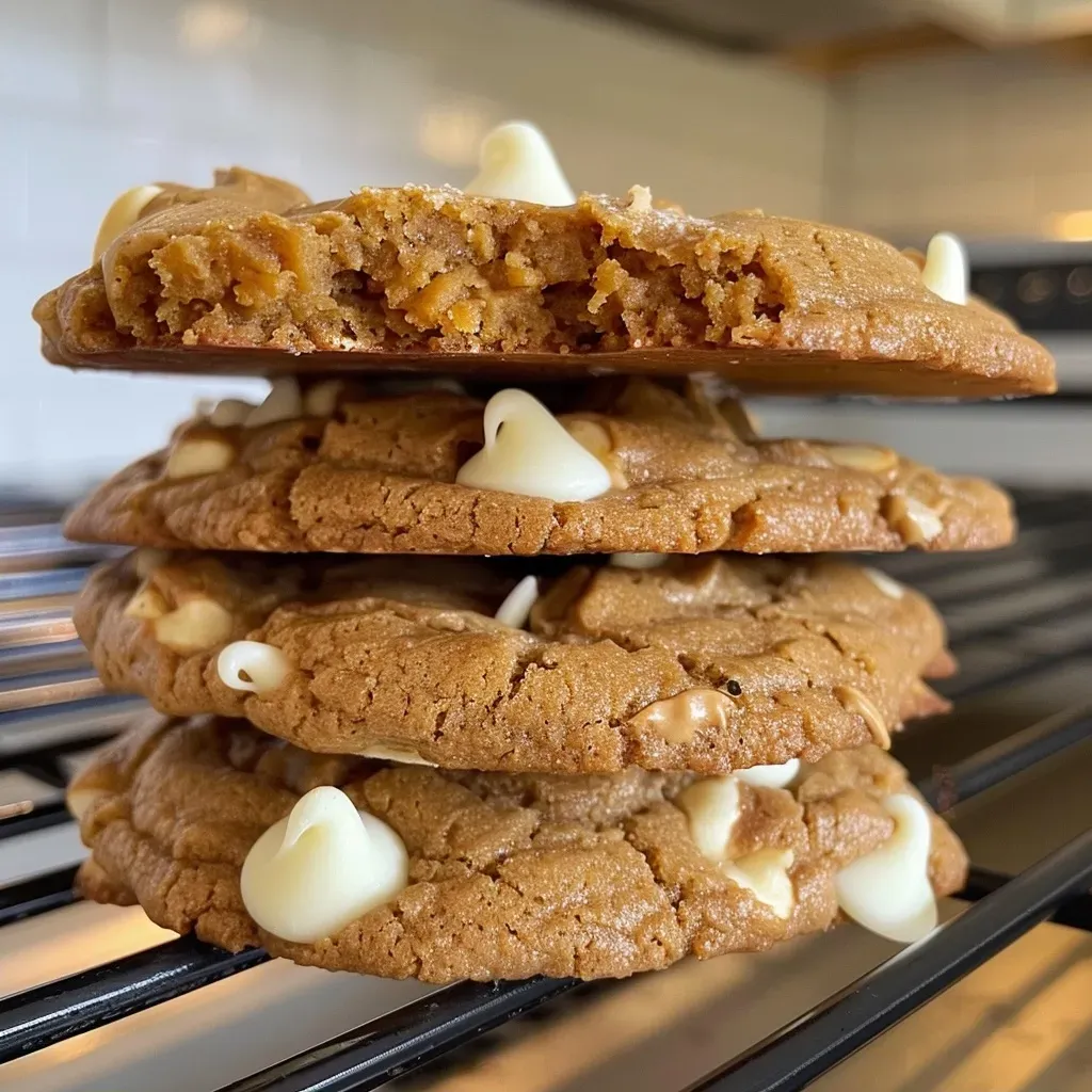 Close-up of moist pumpkin cookies studded with white chocolate chips, highlighting their delicious appeal.