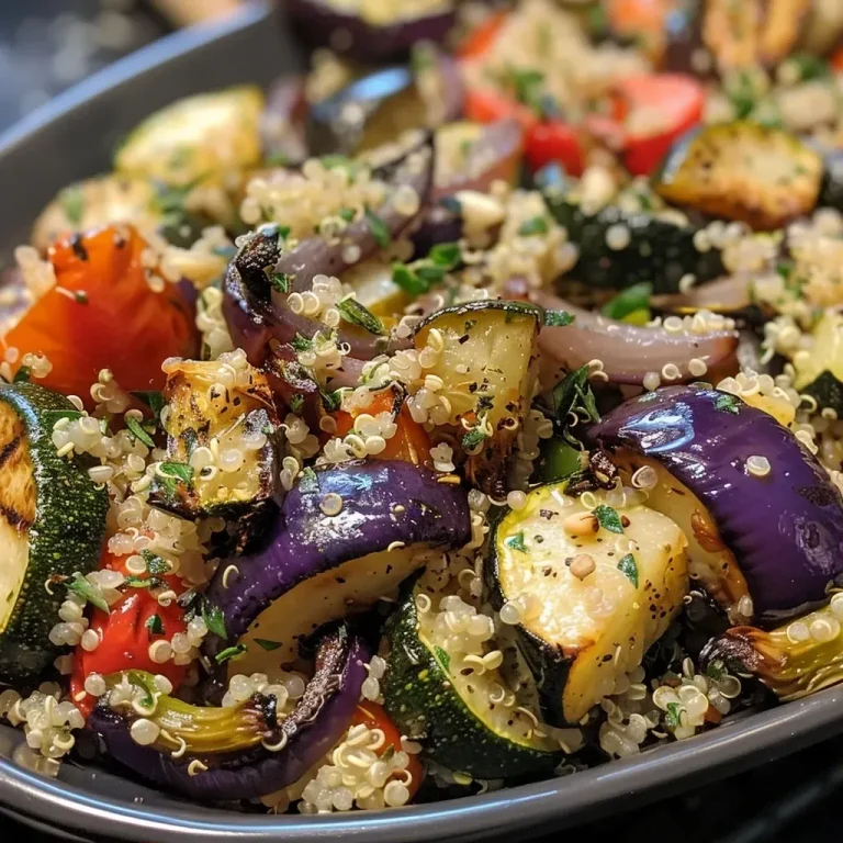 A close-up view of a bowl filled with quinoa and colorful roasted Mediterranean vegetables.