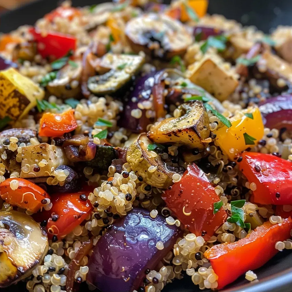 Side view of a dish featuring quinoa mixed with various roasted vegetables, highlighting their textures.