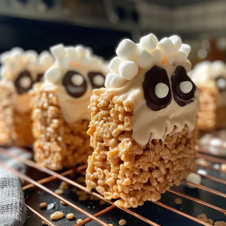 Whimsical Ghosts: How Rice Krispie Treats Bring Spooky Delights to Life Close-up of white Rice Krispie Treats shaped like ghosts, with chocolate eyes.
