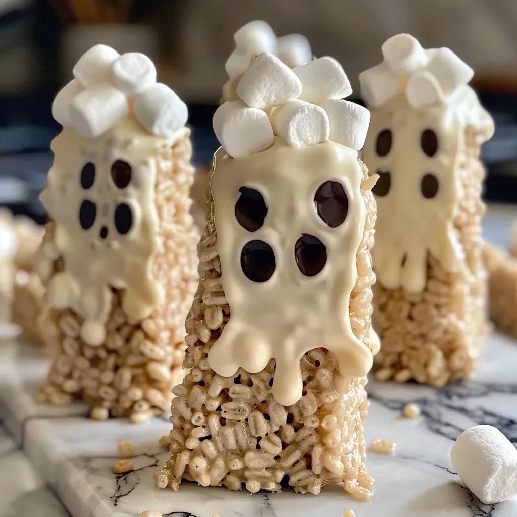 Side view of Rice Krispie Treat Ghosts decorated with dark cocoa melts and candy eyes.