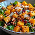 A close-up view of a colorful roasted butternut squash salad featuring greens, nuts, and cranberries.