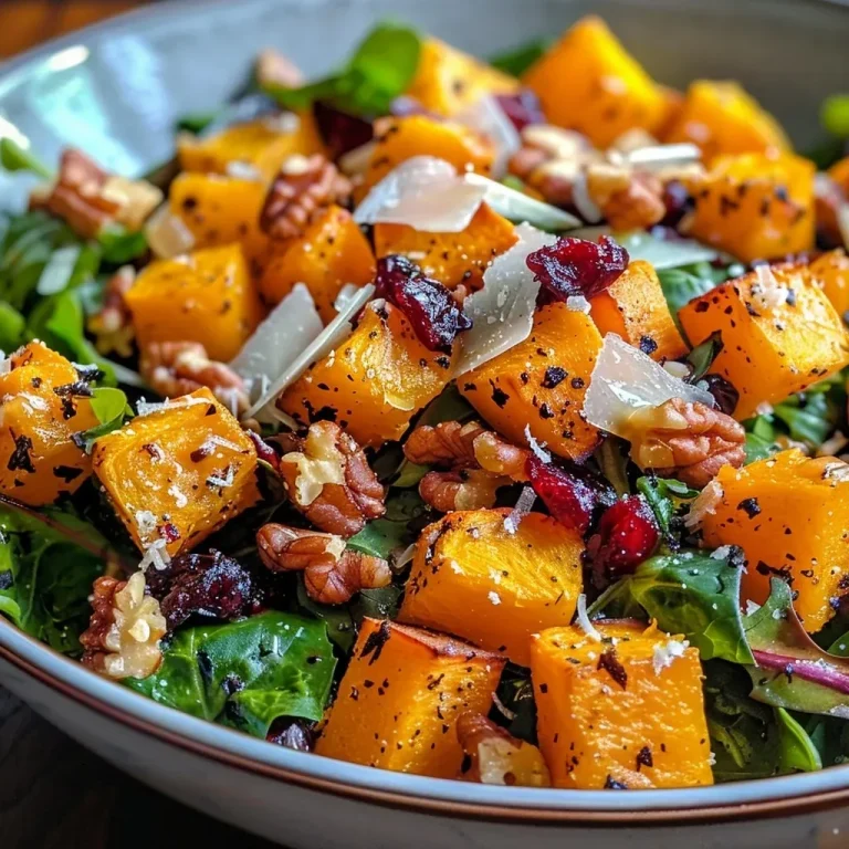 Harvest Harmony: A Roasted Butternut Squash Salad That Celebrates Autumn’s Bounty A close-up view of a colorful roasted butternut squash salad featuring greens, nuts, and cranberries.