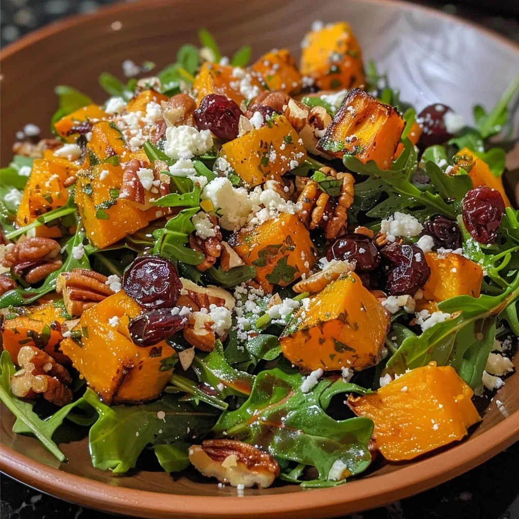 Side view of a vibrant salad with roasted butternut squash, peppery greens, and apple cider vinaigrette.