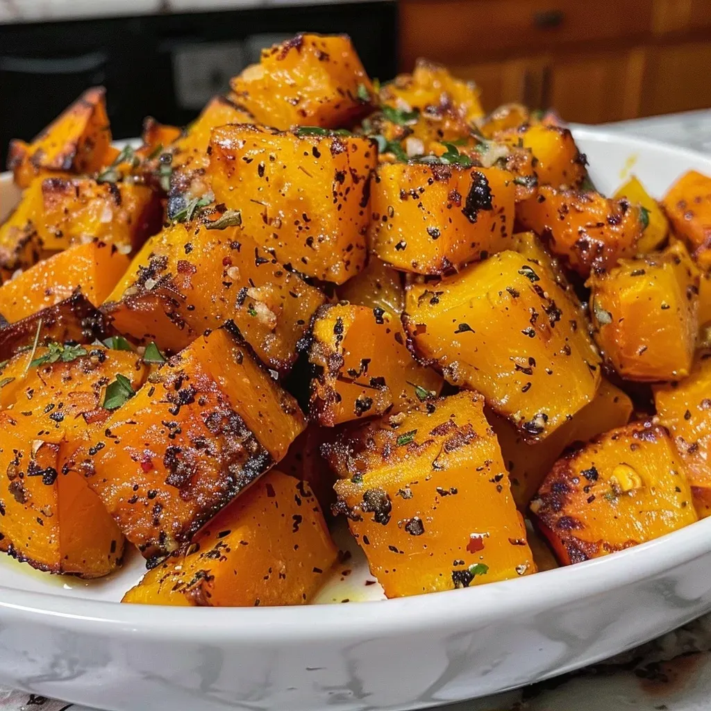 Close-up of golden-brown roasted butternut squash with a crispy surface.