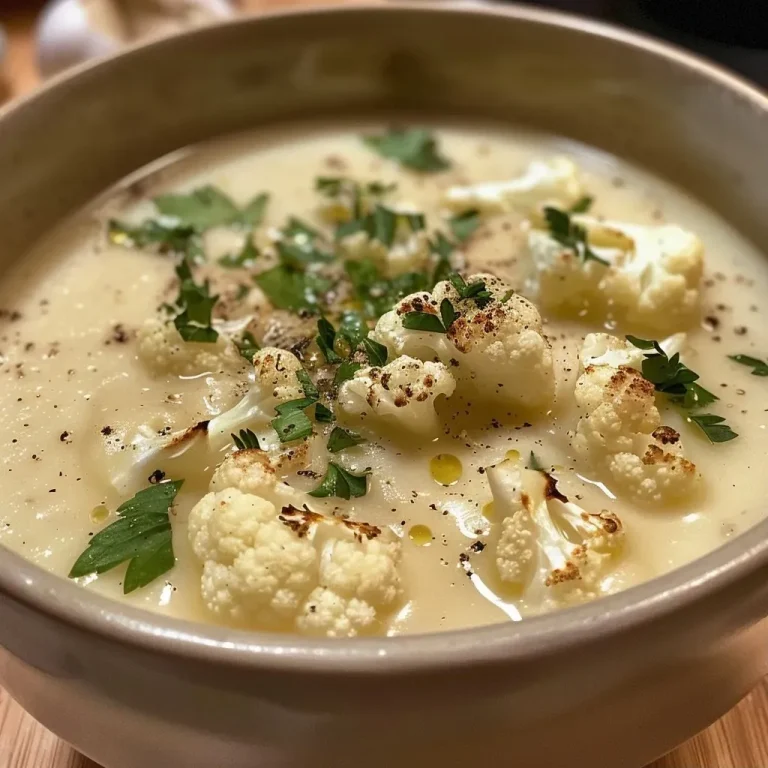 Savoring Simplicity: The Roasted Cauliflower and Garlic Soup That Warms the Heart Close-up image of creamy roasted cauliflower and garlic soup in a bowl.
