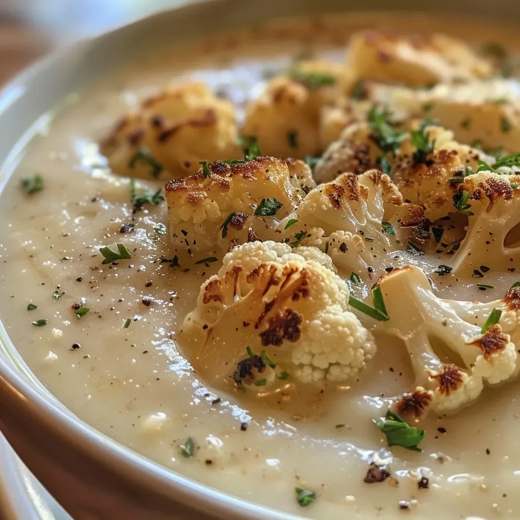 Side view of a bowl filled with roasted cauliflower and garlic soup garnished with herbs.