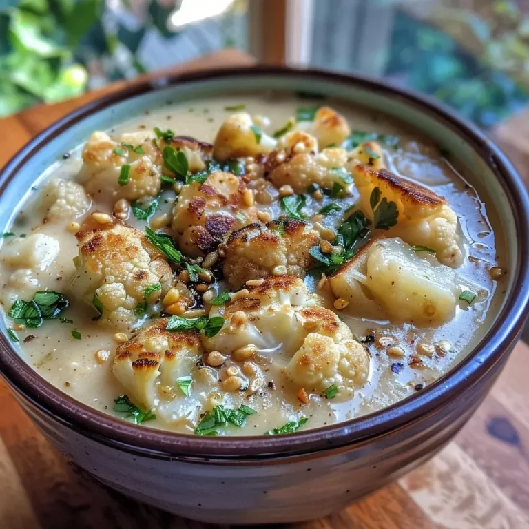 Close-up of a creamy roasted garlic cauliflower chowder in a bowl with a sprinkle of herbs.