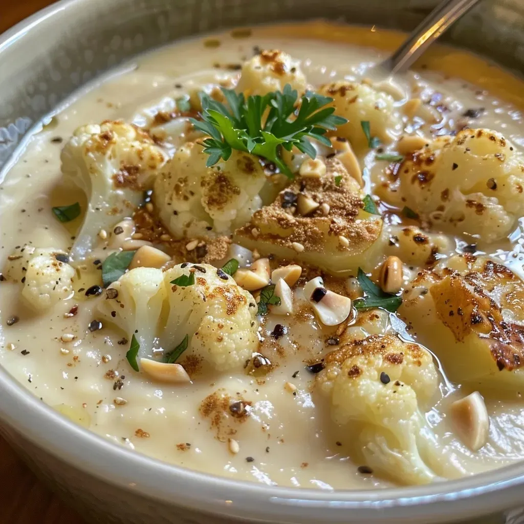 Side view of a steaming bowl of roasted garlic cauliflower chowder garnished with fresh herbs.