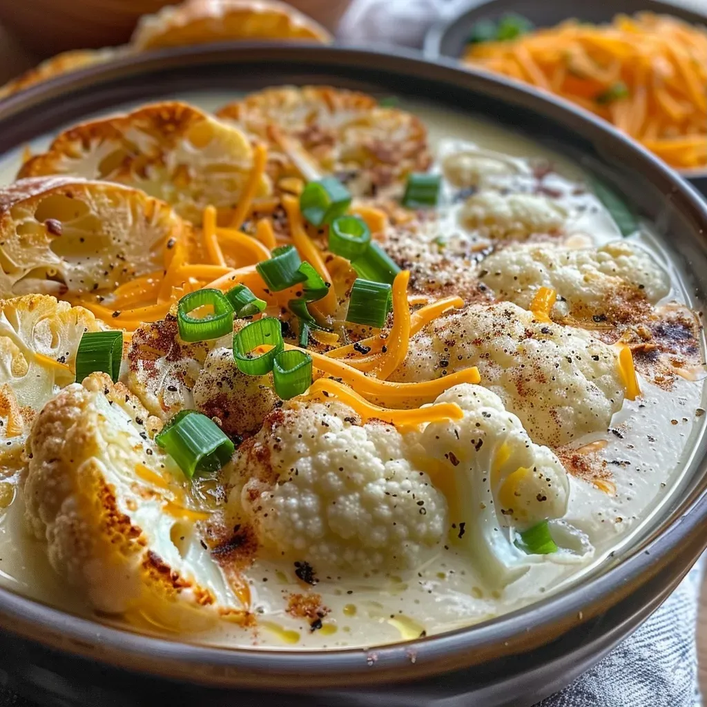 Creamy roasted garlic cheddar cauliflower soup served in a bowl, garnished with green onions and cheddar cheese.