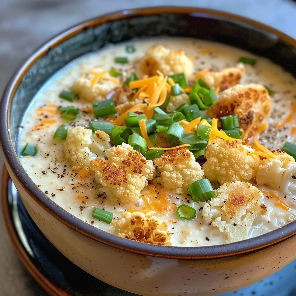 Close-up view of a delicious bowl of roasted garlic cheddar cauliflower soup with croutons on the side.