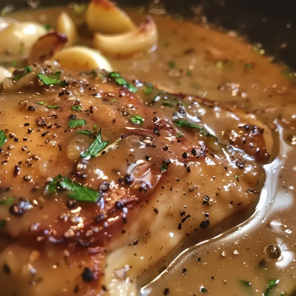 Side view of rich roasted garlic gravy with garlic cloves nearby.
