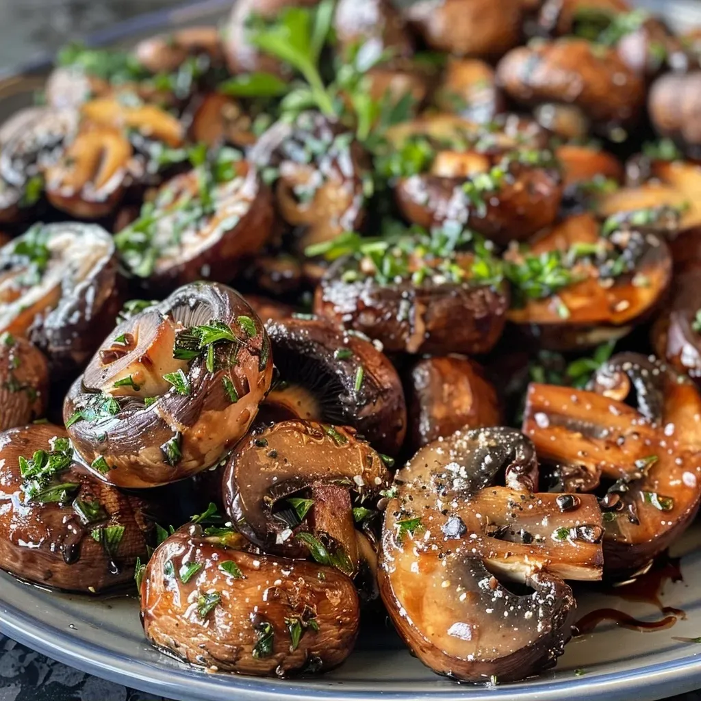 Side angle of roasted cremini mushrooms topped with herbs on a white plate.
