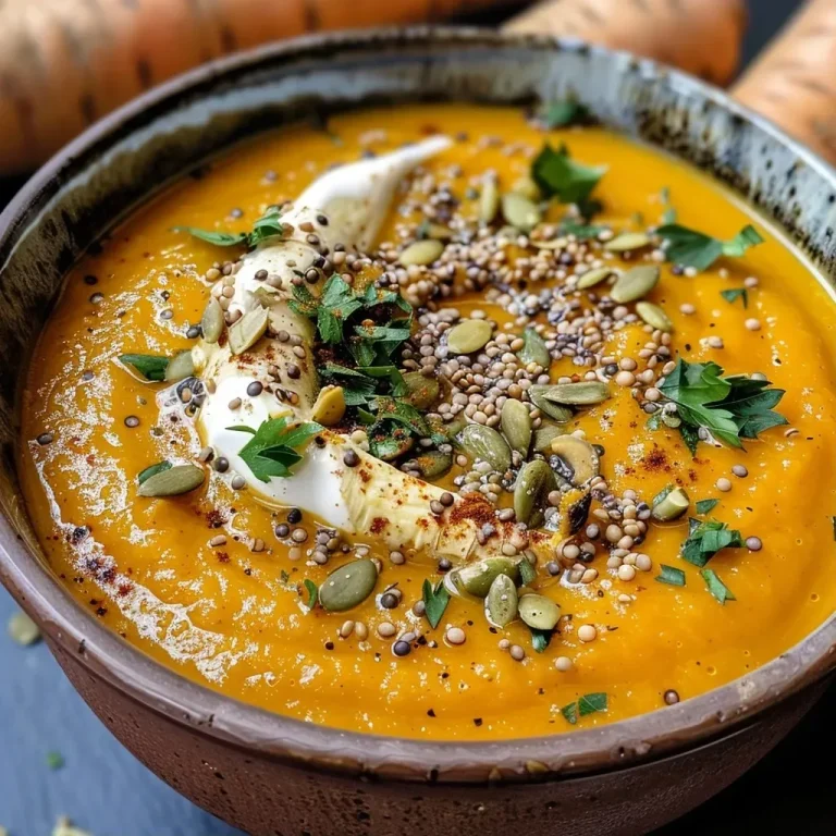 A Cozy Embrace: Roasted Parsnip and Sweet Potato Soup with a Ginger Twist Close-up of vibrant roasted parsnip and sweet potato soup garnished with seeds and yogurt.