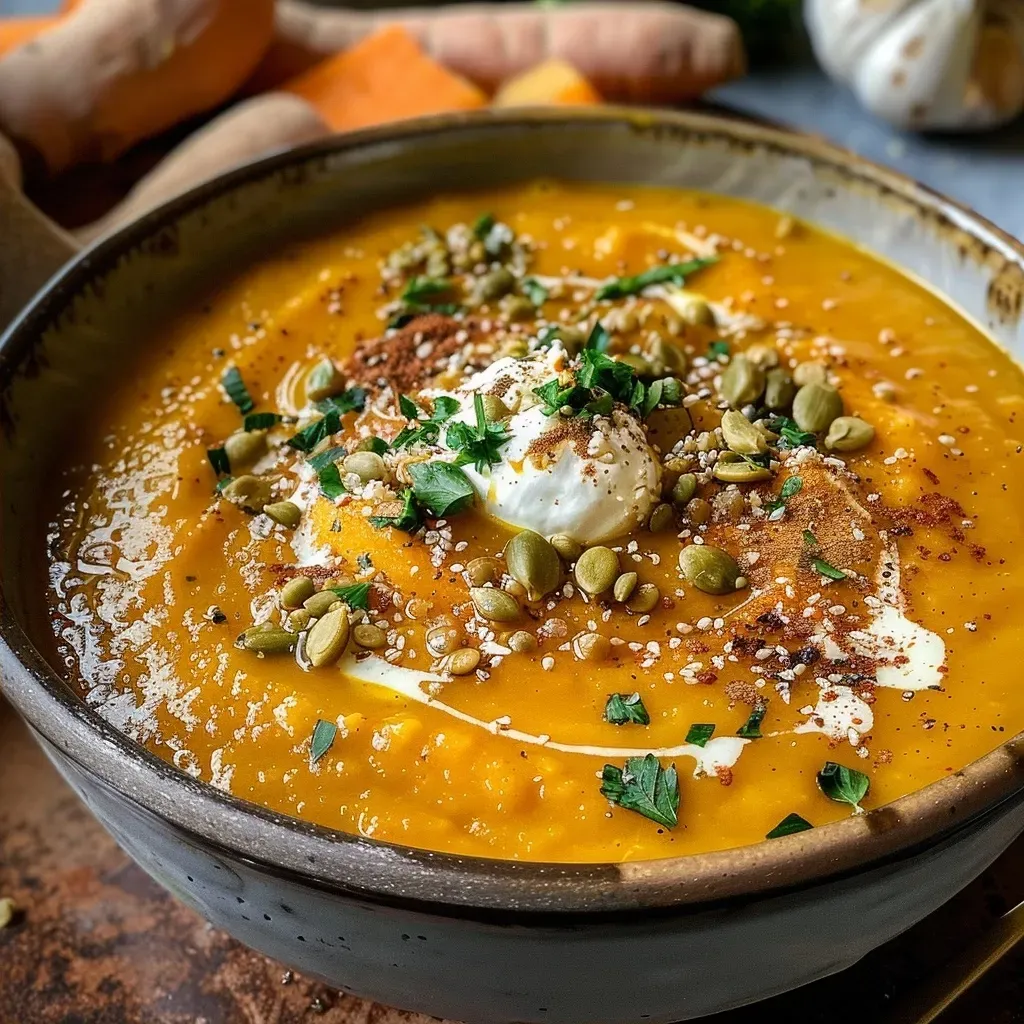 Rich orange soup in a bowl, topped with thinly sliced parsnips and pepitas.