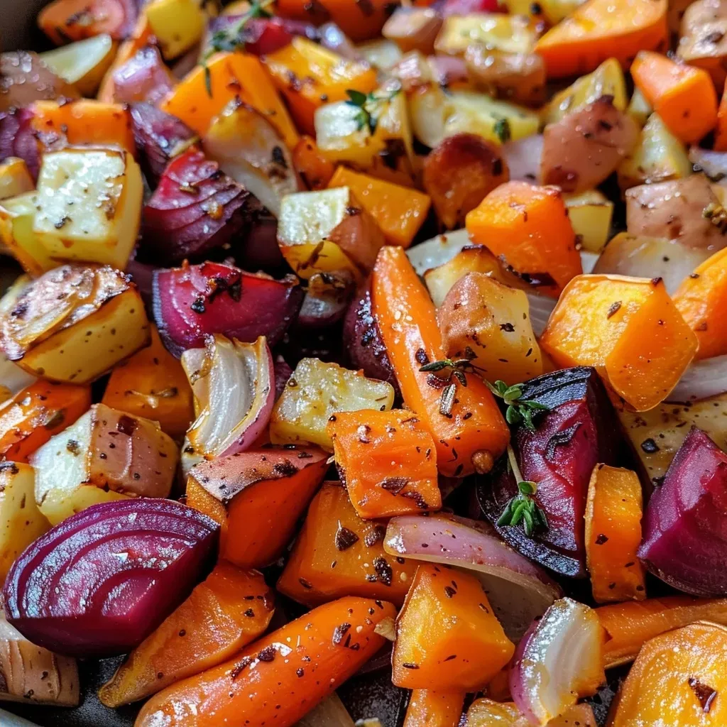 Juicy roasted root vegetables displayed with rich colors, featuring carrots, parsnips, and red onion.