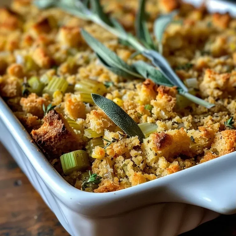 Savoring the Season: A Heartwarming Sage Cornbread Stuffing to Share with Loved Ones Close-up of fluffy sage cornbread stuffing with herbs and vegetables.