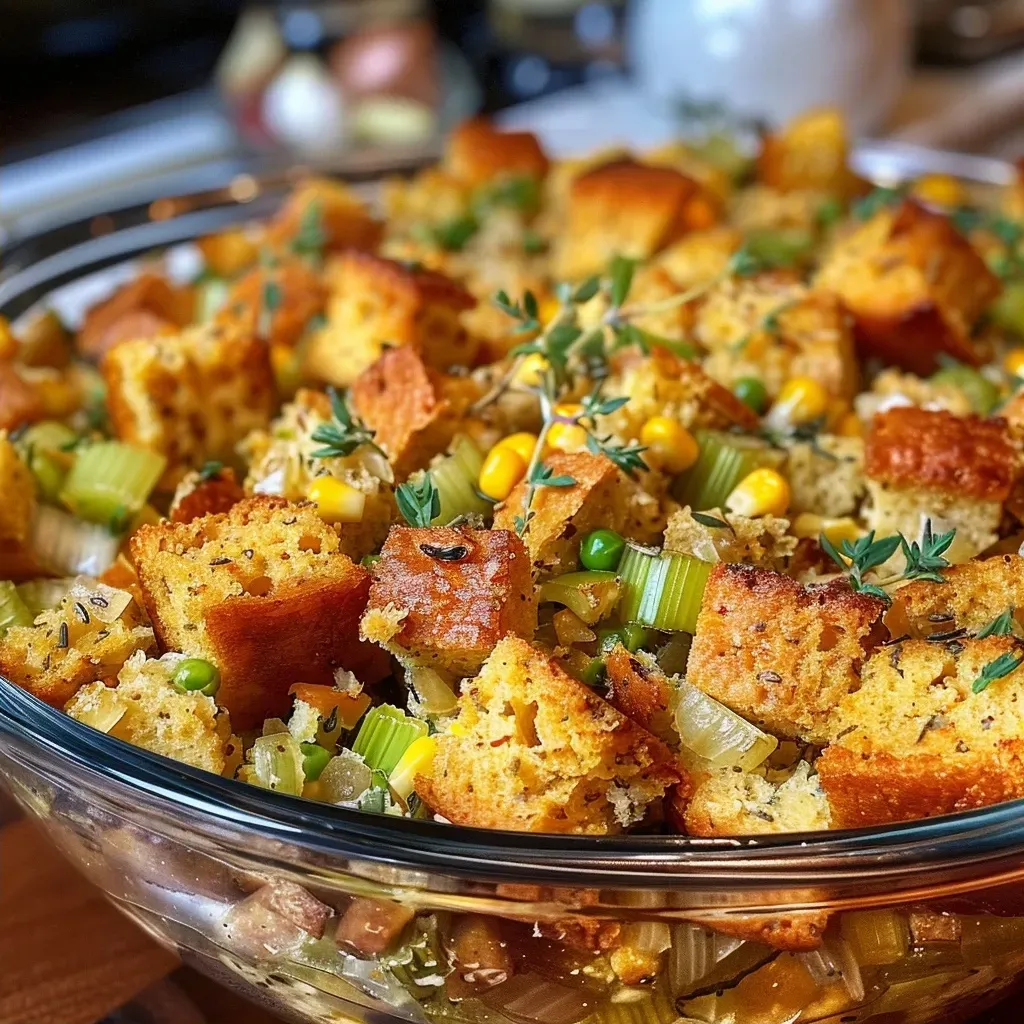 Side view of golden-brown sage cornbread stuffing in a dish.