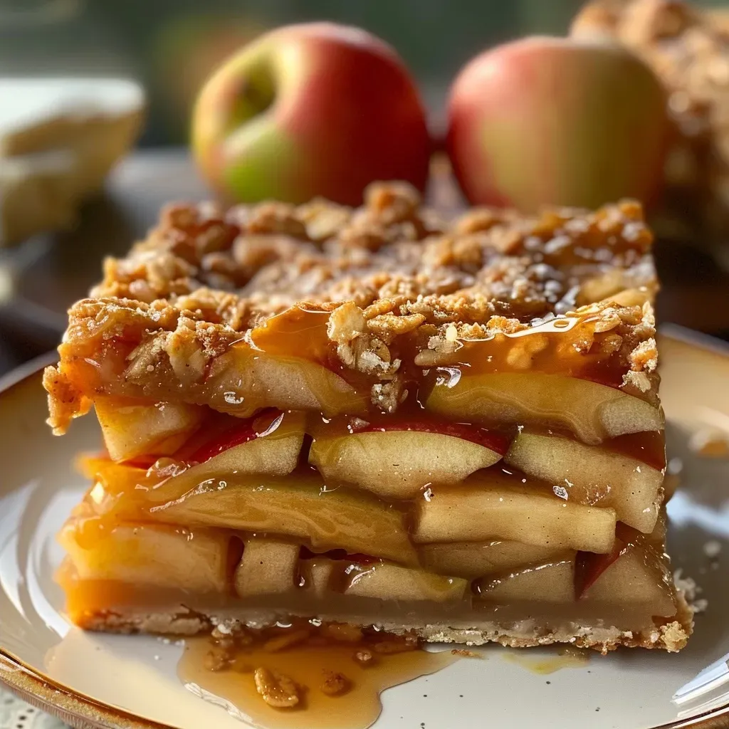 Close-up image of Salted Caramel Apple Pie Bars with a shiny caramel glaze and oat topping.