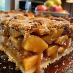 A close-up side view of a salted caramel-apple slab pie, showcasing its golden crust and apple filling.