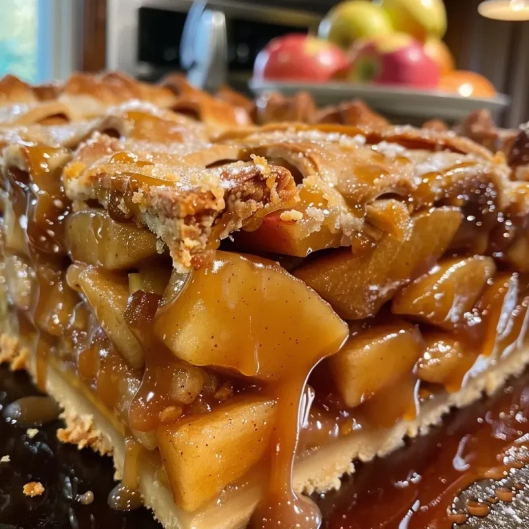 A close-up side view of a salted caramel-apple slab pie, showcasing its golden crust and apple filling.