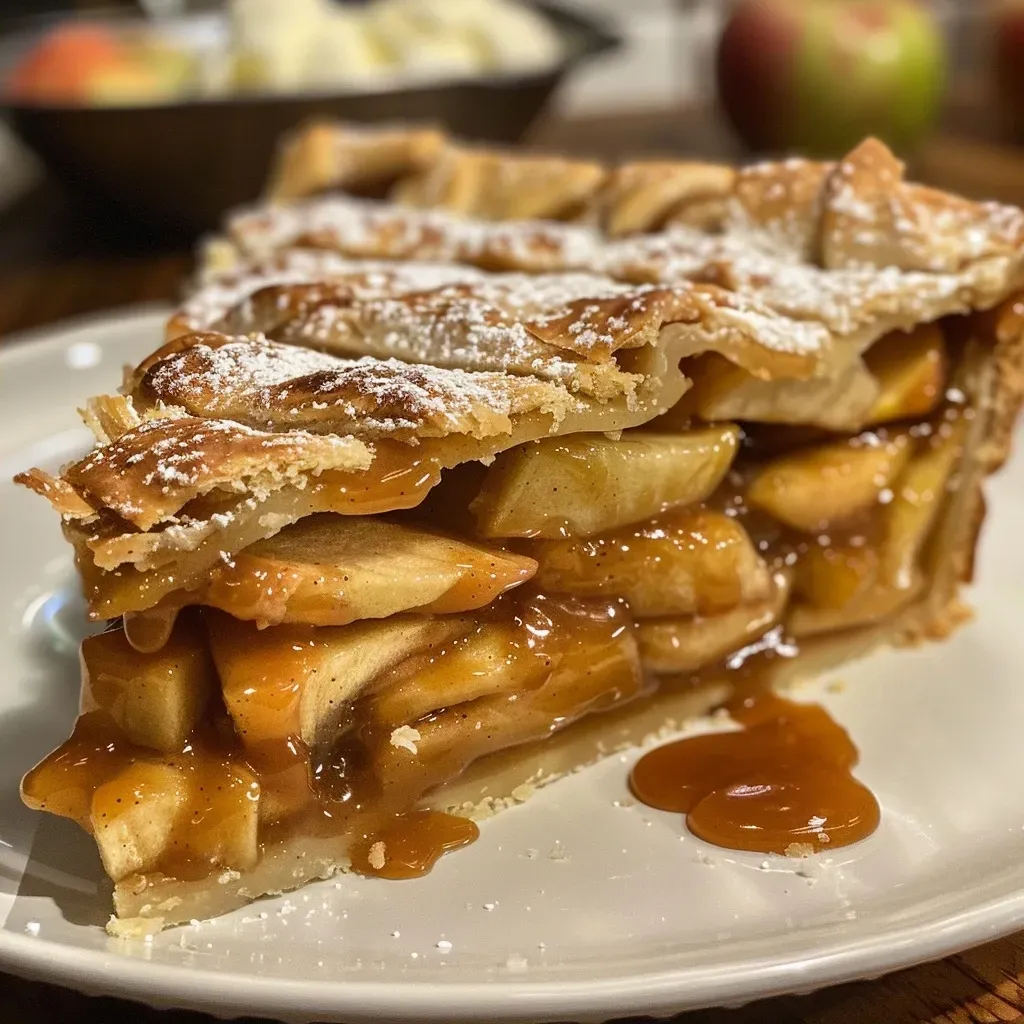 Side view of a delicious salted caramel-apple slab pie with a flaky crust and drizzled caramel.