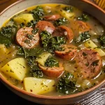 Close-up view of a bowl filled with Sausage Potato and Kale Soup, showcasing its rich ingredients.