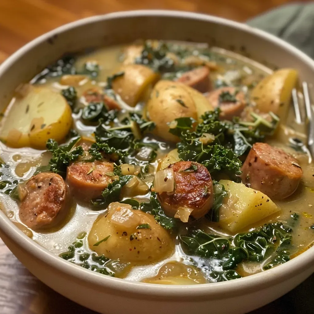 Side view of Sausage Potato and Kale Soup with visible chunks of sausage and fresh kale.