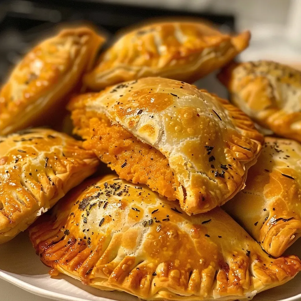 Side angle of freshly baked empanadas filled with pumpkin and parmesan cheese, showcasing a crisp exterior.
