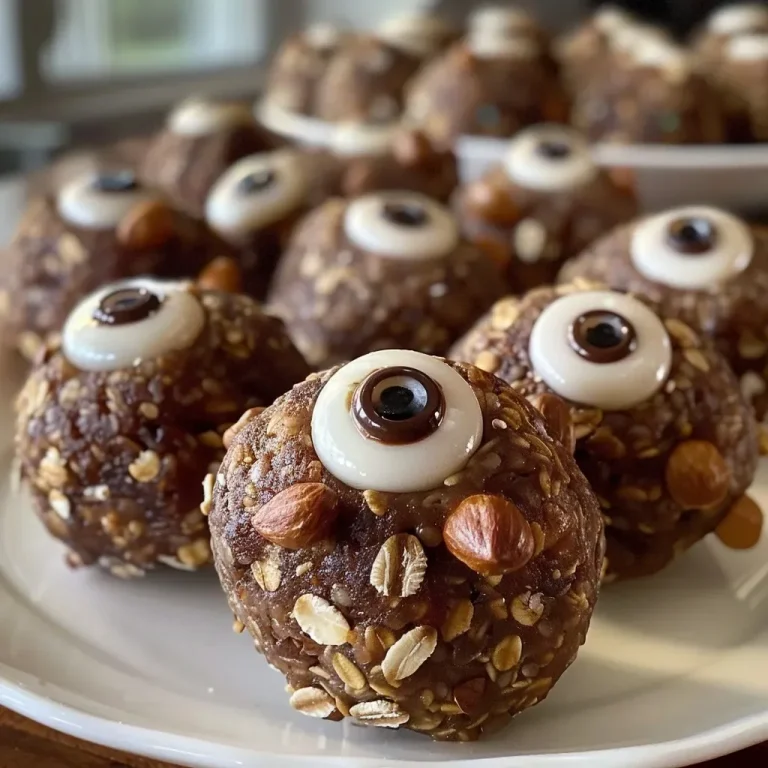 Unleashing Spooky Delights: How Scary Monster Energy Balls Bring Fun to Your Snack Table Close-up view of energy balls made with peanuts, Medjool dates, cocoa powder, and candy eyeballs.