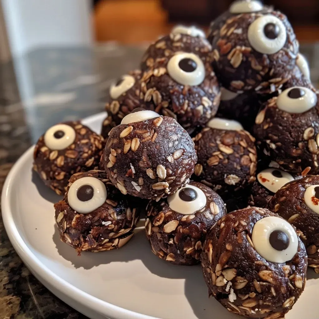 Side view of scary monster energy balls featuring candy eyes and a textured surface.