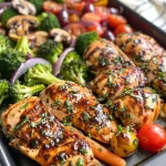 Close-up view of juicy balsamic chicken with colorful vegetables on a sheet pan.