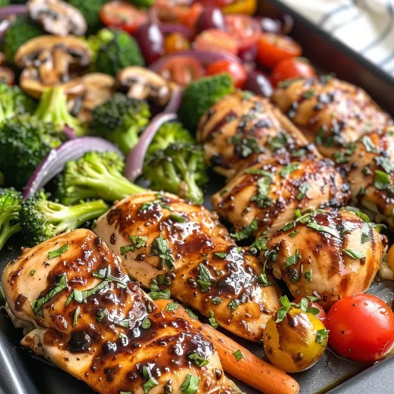Gather Around: The Sheet Pan Balsamic Chicken and Veggies That Brighten Every Table Close-up view of juicy balsamic chicken with colorful vegetables on a sheet pan.