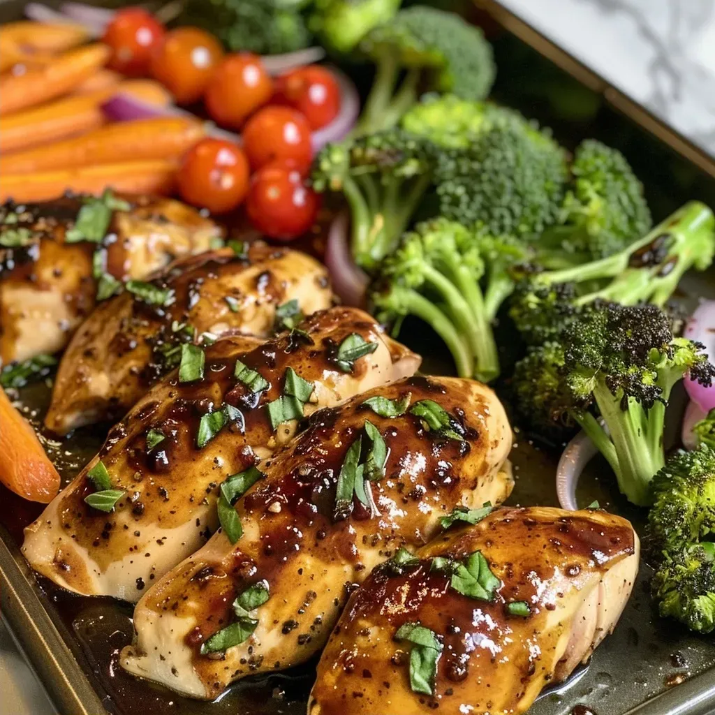 Deliciously roasted chicken breasts surrounded by broccoli, carrots, and cherry tomatoes.