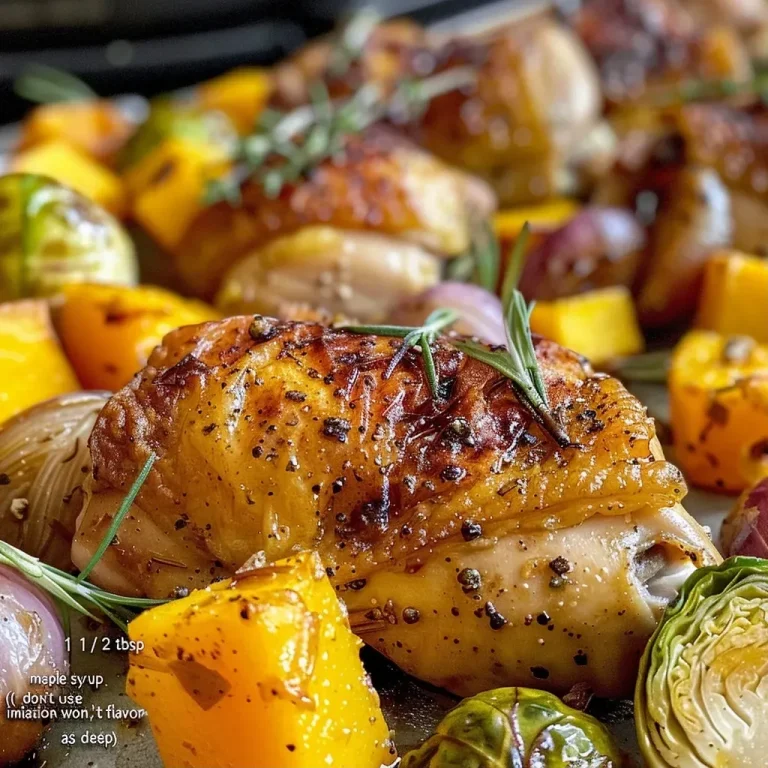 Juicy roasted chicken thighs glazed with maple mustard, surrounded by colorful vegetables on a sheet pan.