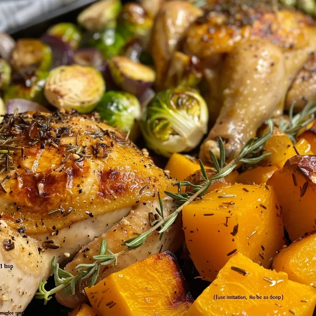 A side view of succulent chicken thighs with a shiny glaze, mixed with butternut squash and Brussels sprouts on a baking sheet.